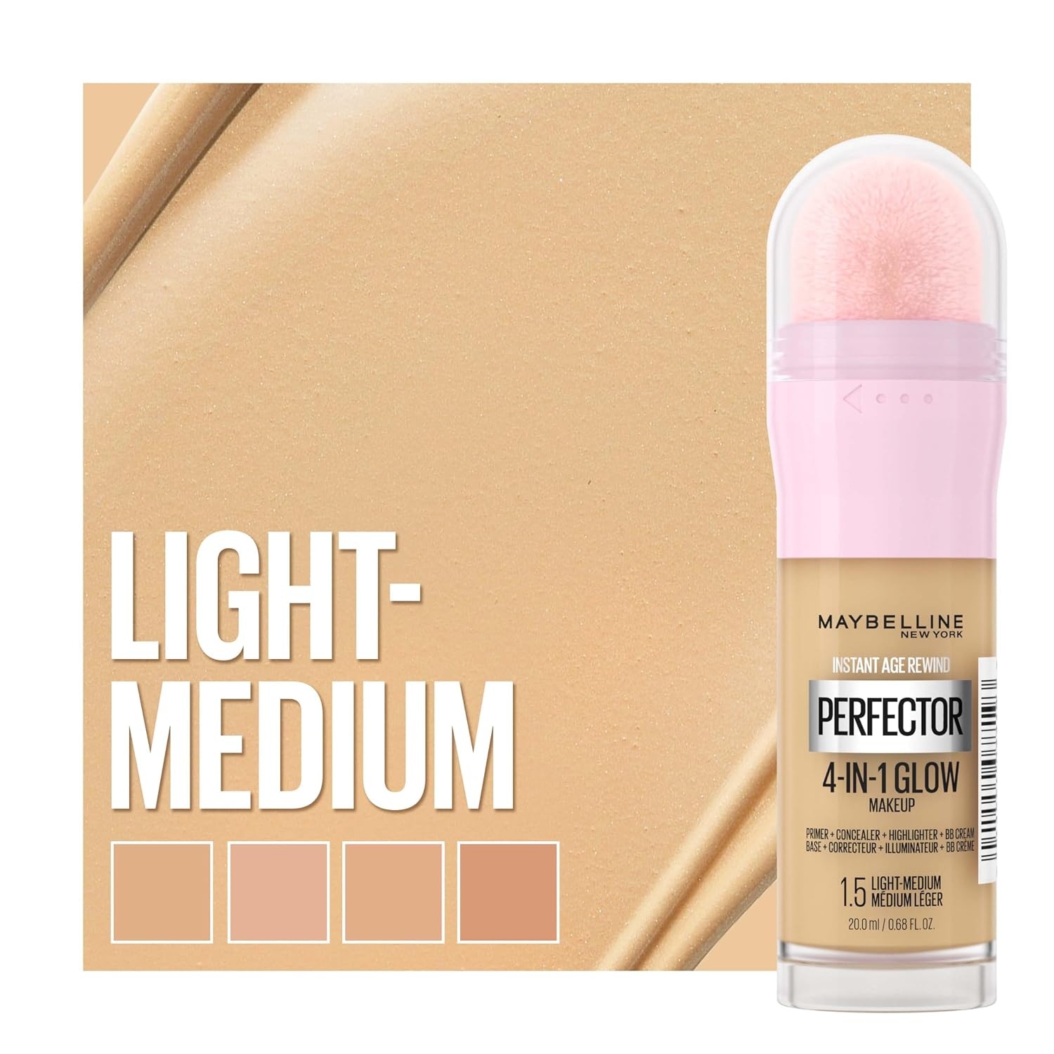 image:imageMaybelline New York 4in1 Make Up mit Concealer BB Cream Highlighter und Primer fr einen perfekten Teint Foundation mit leichter Deckkraft Instant Perfector Glow Nr 01 Light 20 mlNr 15 Light Medium