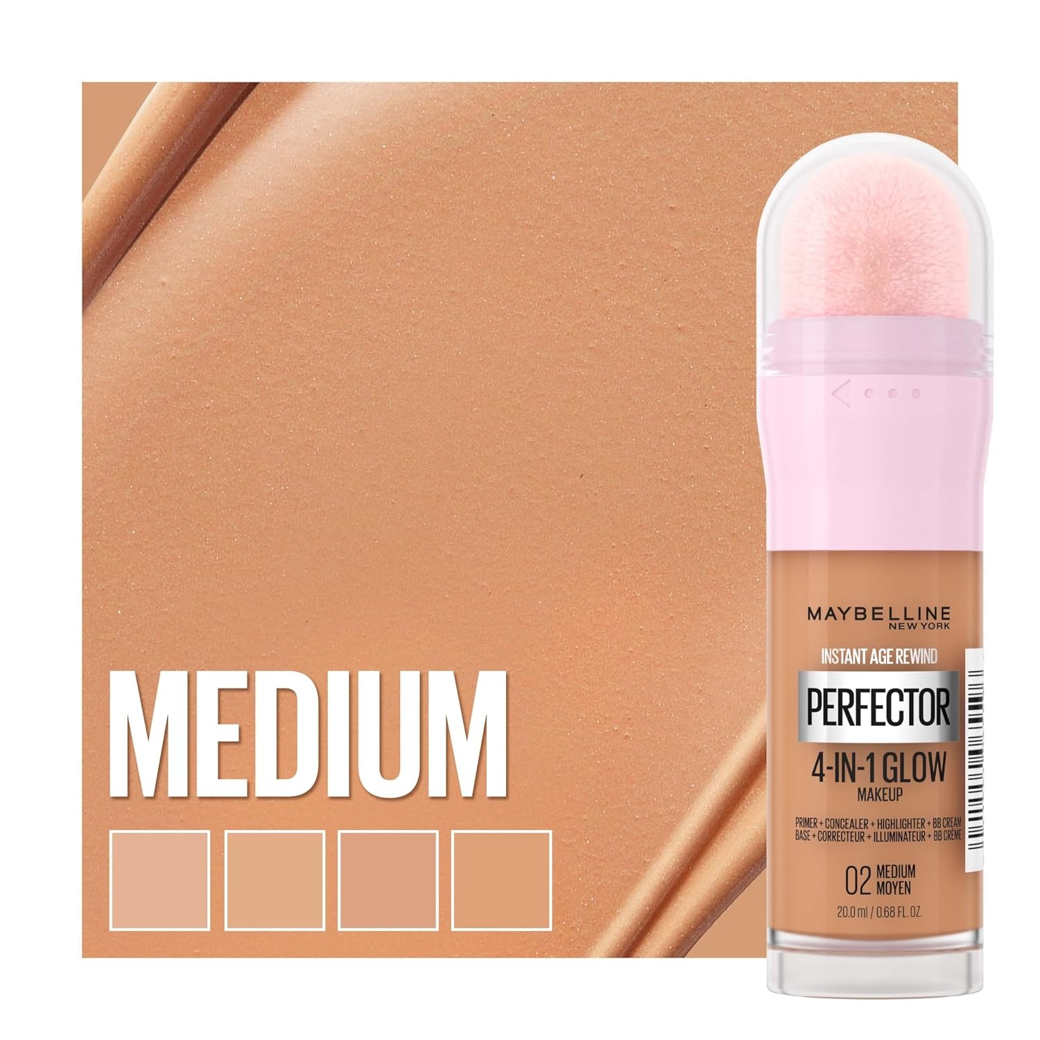 image:imageMaybelline New York 4in1 Make Up mit Concealer BB Cream Highlighter und Primer fr einen perfekten Teint Foundation mit leichter Deckkraft Instant Perfector Glow Nr 01 Light 20 mlNr 02 Medium