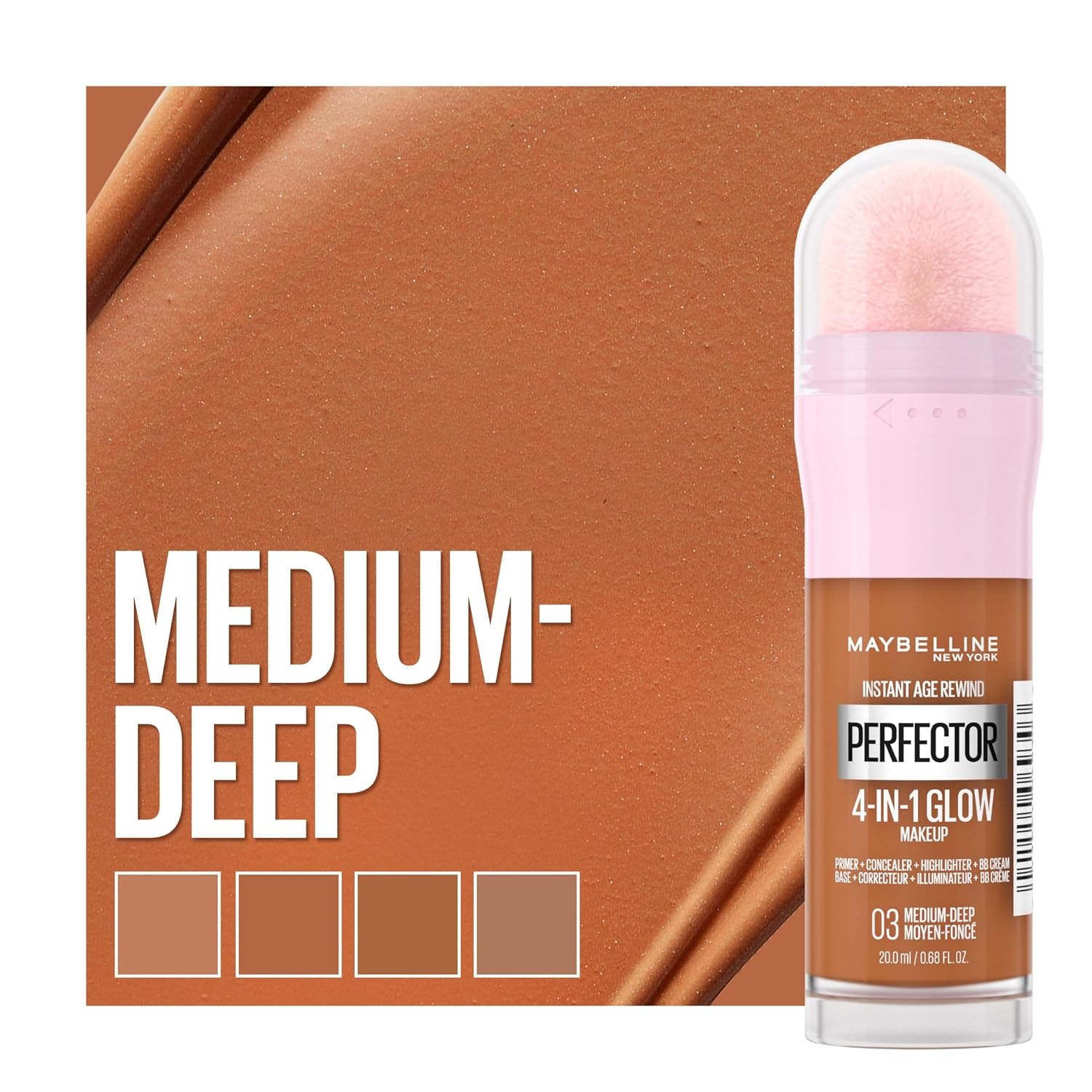 image:imageMaybelline New York 4in1 Make Up mit Concealer BB Cream Highlighter und Primer fr einen perfekten Teint Foundation mit leichter Deckkraft Instant Perfector Glow Nr 01 Light 20 mlNr 03 Medium Deep