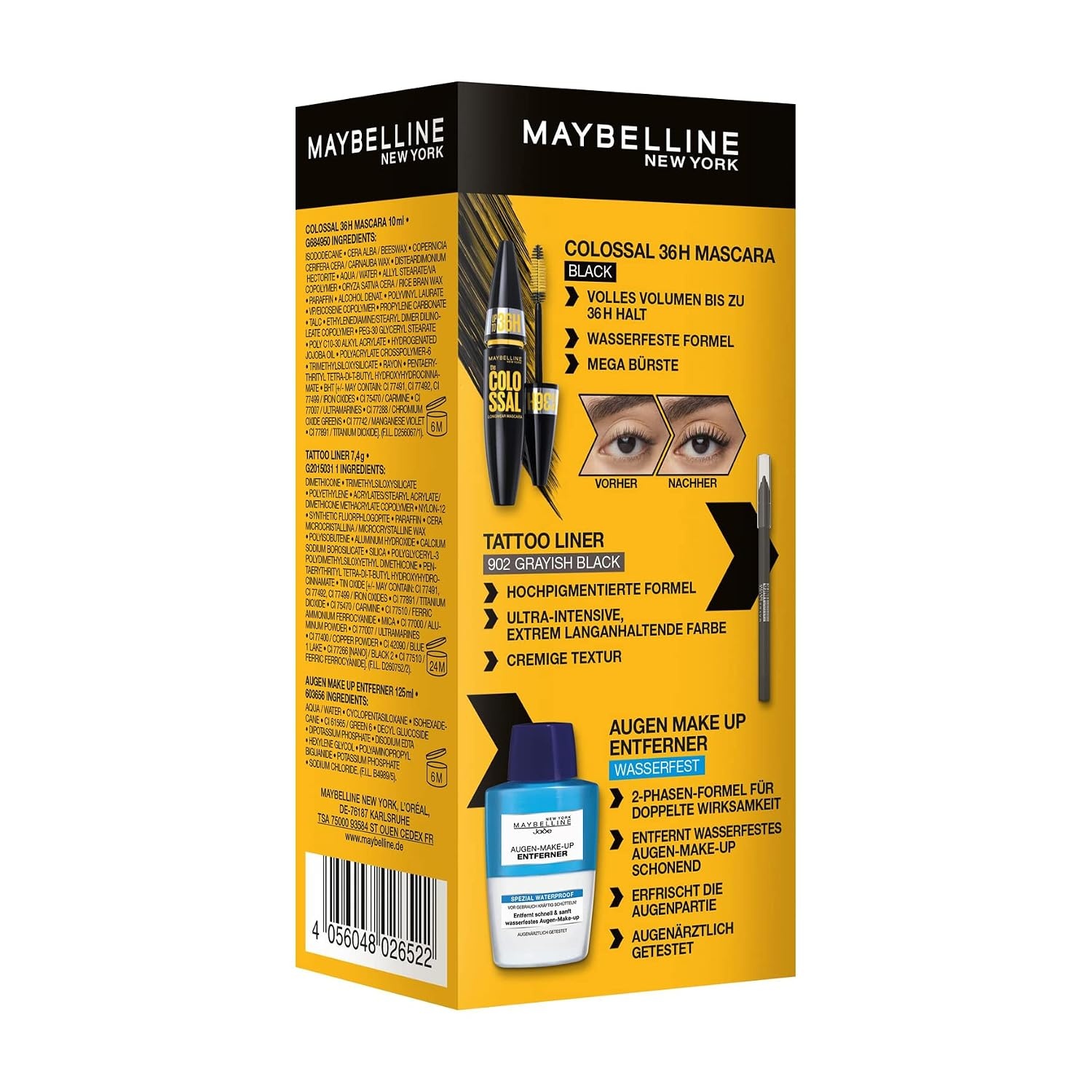 image:imageMaybelline New York The Colossal Set Colossal 36H Black Mascara Tattoo Liner Gel Pencil Grayish Black Augen MakeUp Entferner Waterproof 3teilig