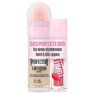 Maybelline New York 4-in-1 Make Up, Concealer, BB Cream, Highlighter, Primer, Instant Perfector Glow 01 Light, 20 ml + Lifter Plump, Lipgloss, sichtbar vergrößerte Lippen, 005 Peach Fever, 5,4 ml