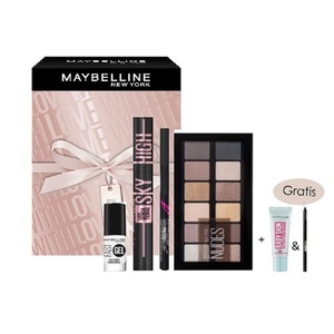 Maybelline New York Augen Make-Up Set mit Sky High Cosmic Black Mascara, The Nudes Lidschatten Palette, Hyper Precise Liner 700, Fast Gel Nagellack Nr. 18 und zwei Minis