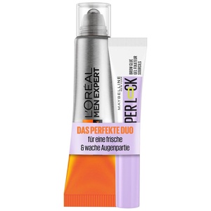 Maybelline New York Augenbrauengel, Super Lock Brow Glue, starker Halt, definierte Brauen, transparent, 8 g + L’Oréal Men Expert Augen Roll-On, gegen Falten und Augenringe, Hydra Energy, 10 ml