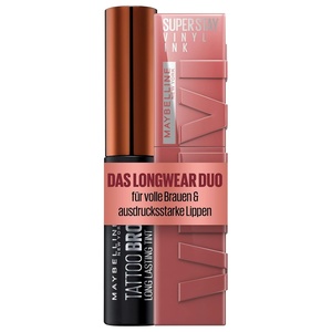 Maybelline New York Lifter Plump, Glänzender Lipgloss für sichtbar vergrößerte Lippen, Maxilip und Chili, 005 Peach Feaver, 5,4 ml + Tattoo Brow Gel Tint, Mit Peel-off-Formel, Nr. 2 Medium Brown, 5 ml